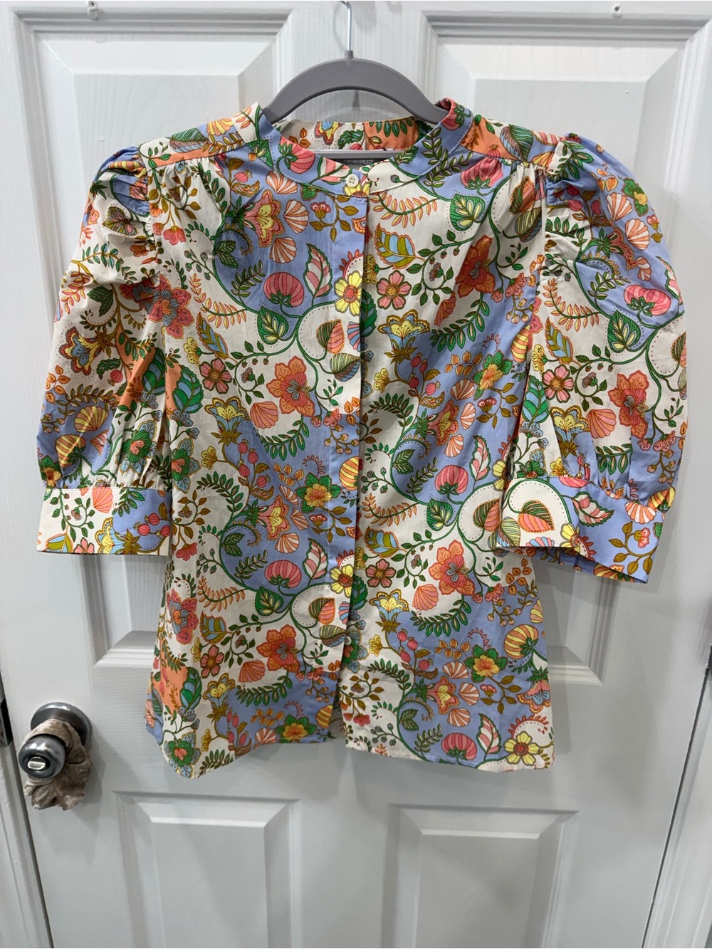 Sugarlips Floral Puff Sleeve Button-Back Blouse - Pastel Multicolor